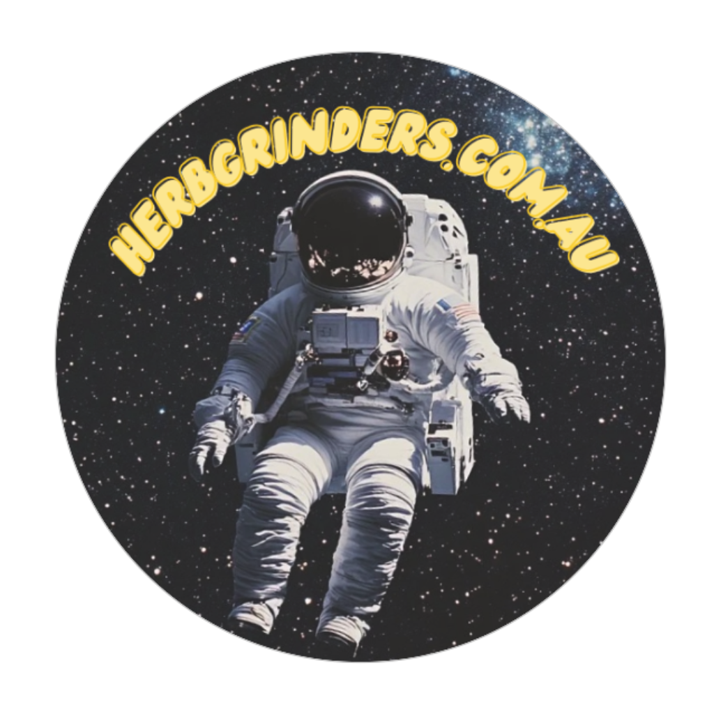 Circular sticker with an astronaut in space and 'HERBGRINDERS.COM.AU' text.